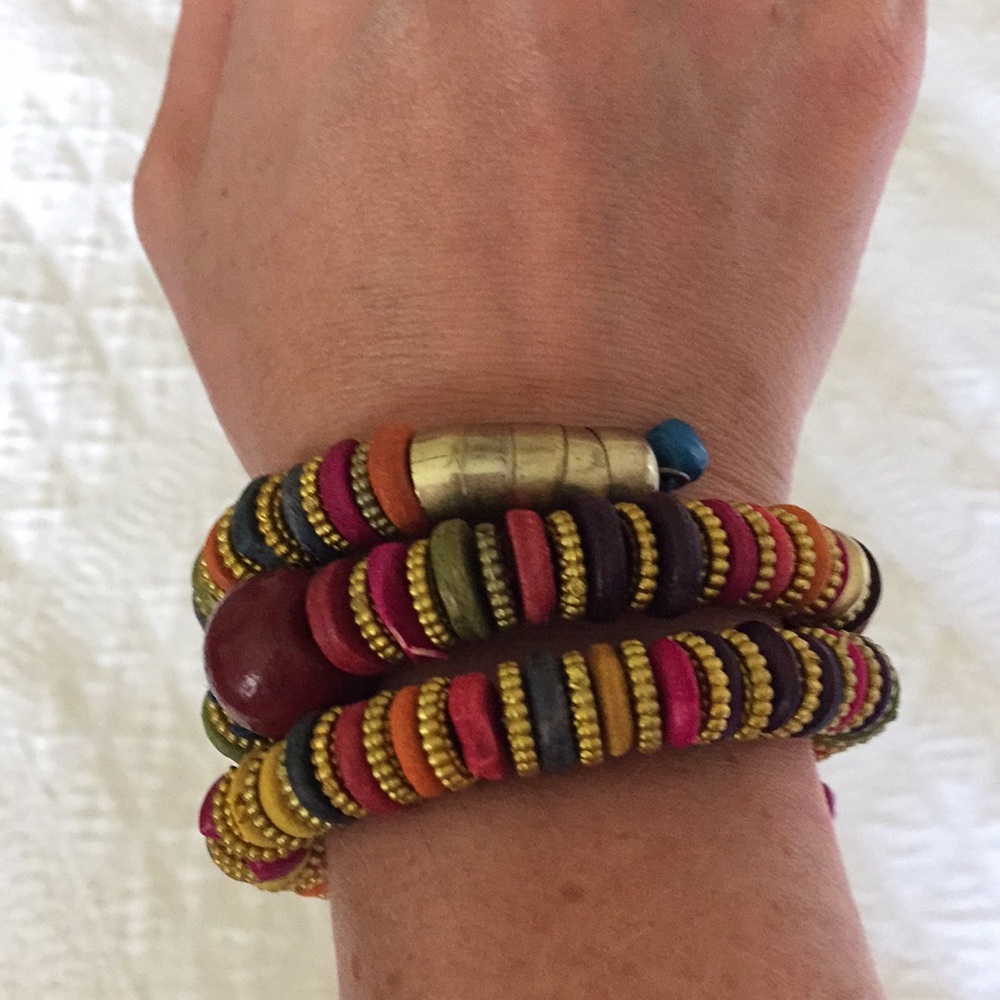 Colorful Indian wooden bead wrap bracelet. Unique!